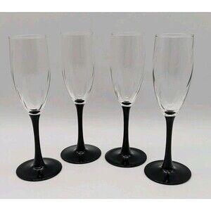 Vtg Cristal D'arques Astra Champagne Flutes Set Of 4 Black Stem Swirl 8 1/8"